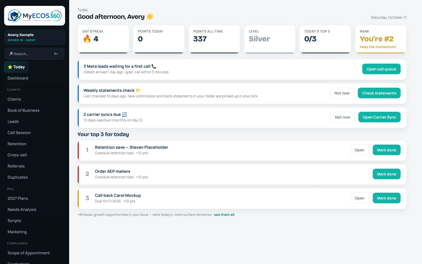 The Today screen in MyECOS360 listing the day's follow-ups, renewals and birthdays (sample data)