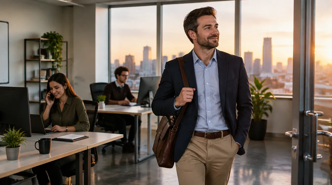 An agency owner leaving on time while the team handles calls