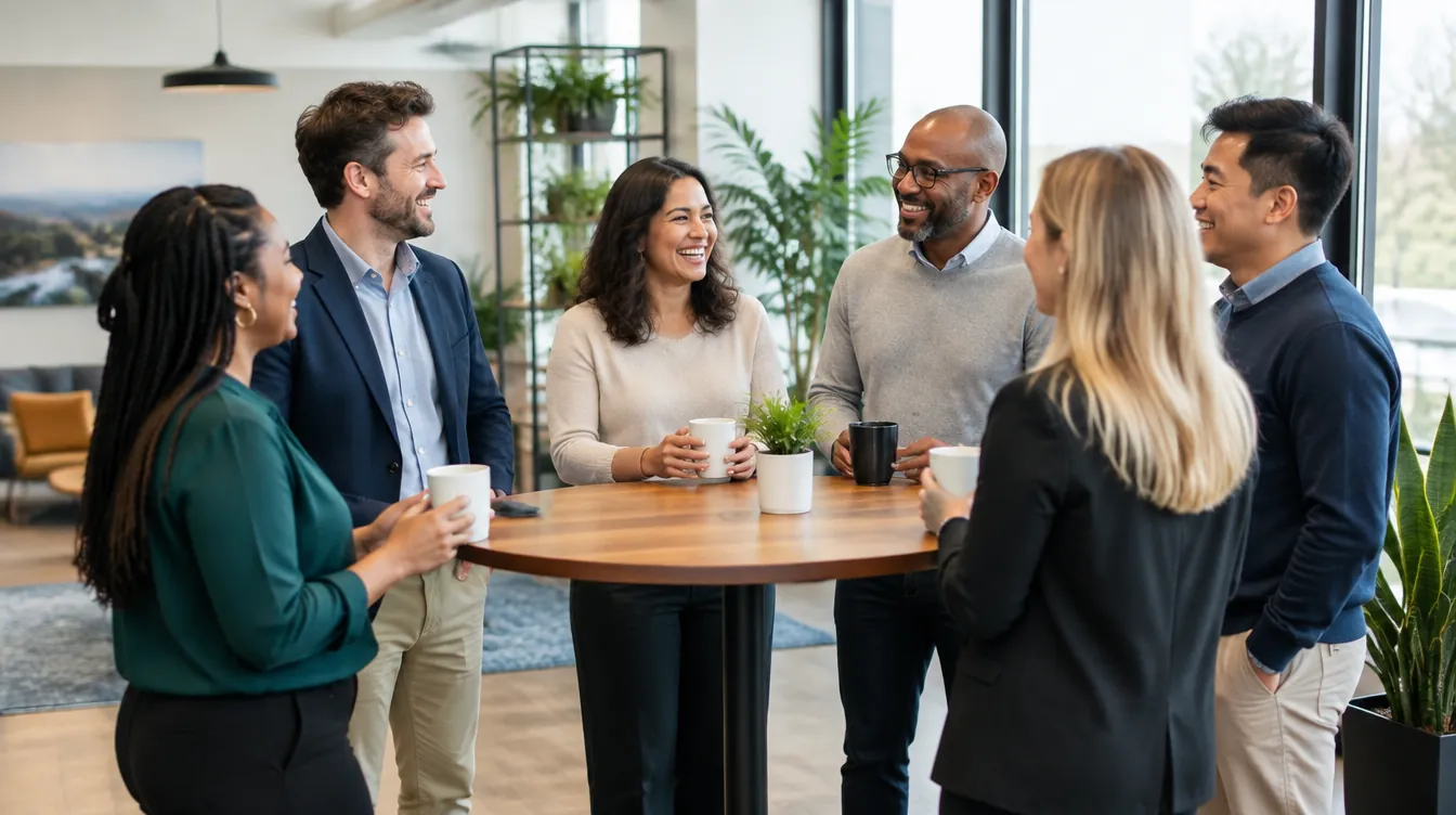 A small agency team laughing together at a morning huddle