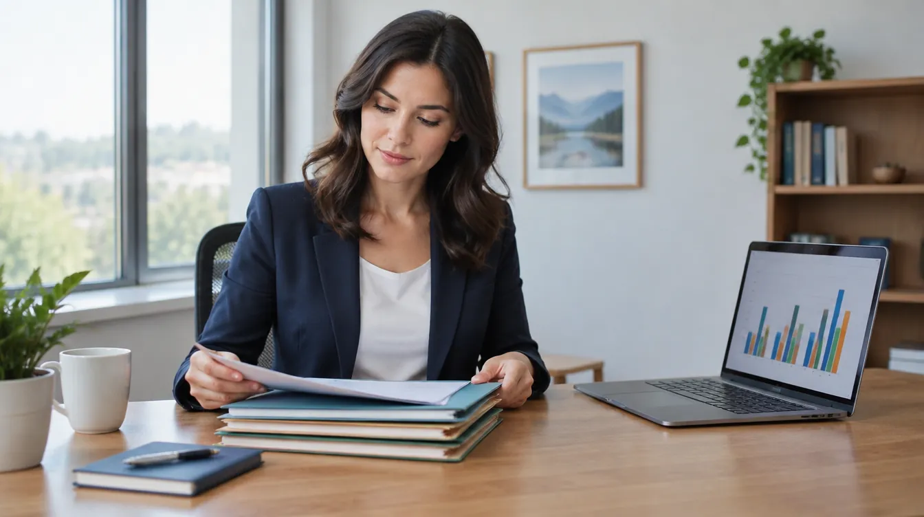 An agent reviewing an organized stack of client files and simple charts