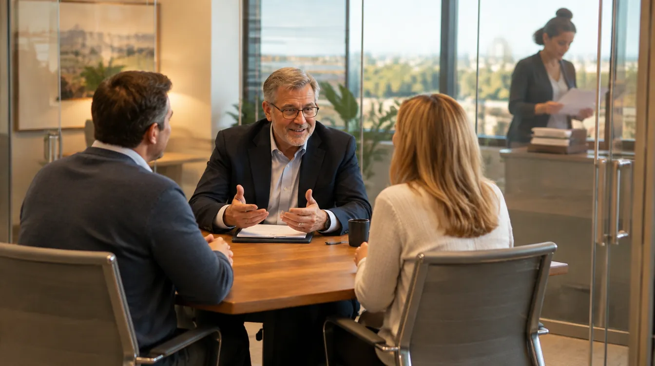 A senior producer advising a couple while an assistant handles the paperwork