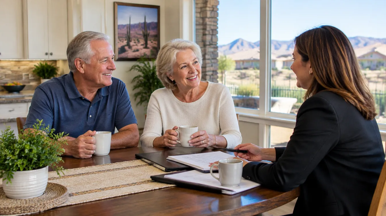 An older couple welcoming their agent for an annual review at home